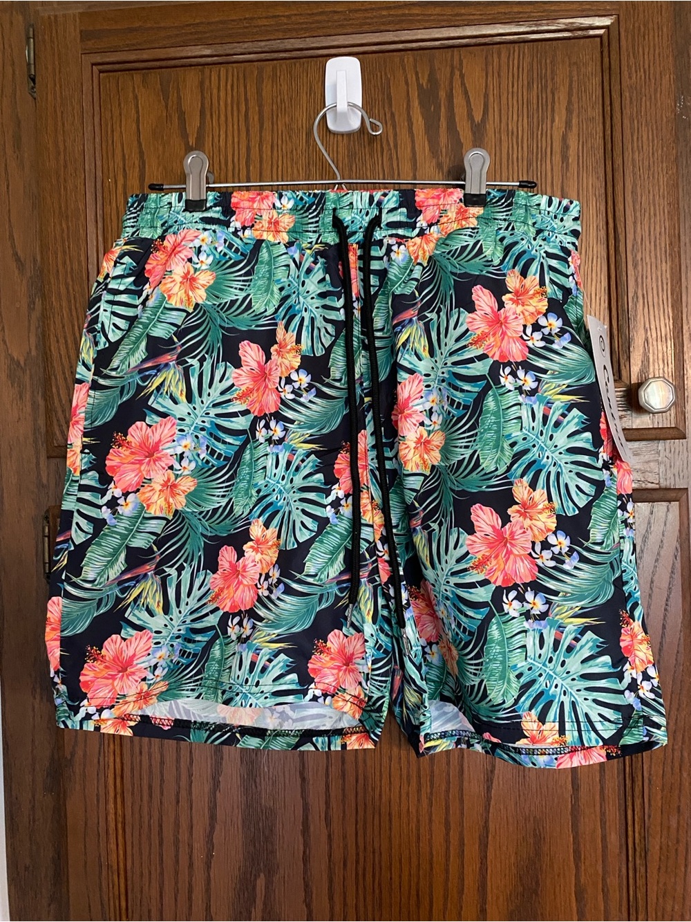 Black Tropical Floral Hybrid Swim Shorts with Green & Coral Print